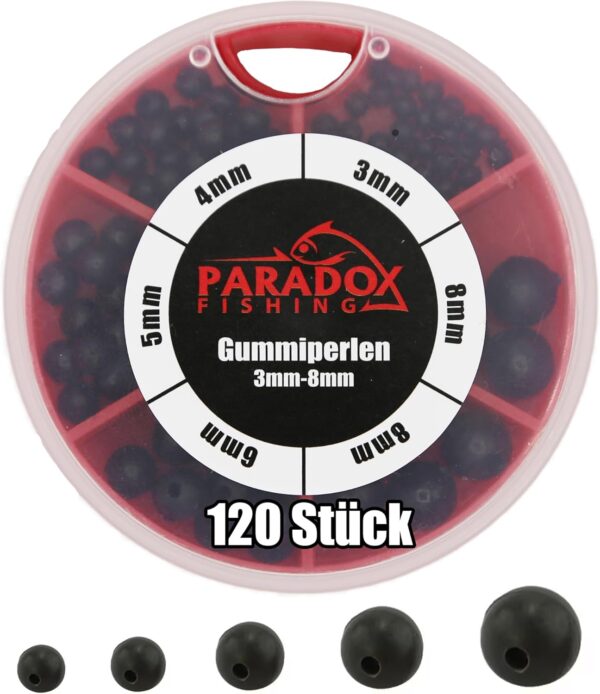 Rundes Gummiperlen Set in Kunststoffbox mit 120 Gummiperlen in verschiedenen Größen von 3mm bis 8mm für Angler, präsentiert in einer durchsichtigen Box mit roten Akzenten.