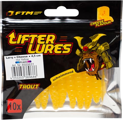 FTM Lifter Lures LARVY Cheese 4,5 cm schwimmende Gummiköder mit Käse-Aroma in leuchtendem HOT Yellow UV für Forellenangeln, verpackt in einer transparenten Kunststoffbox.