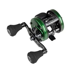 Abu Garcia Ambassadeur Beast HD Round Baitcaster Multirolle in glänzendem Grün und Schwarz, ideal für Hechtangler mit ergonomischen Griffen und robustem Design.