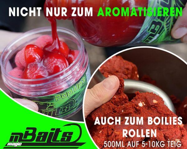 Angel-Berger Magic Baits Liquid Aroma Dip in transparentem Gefäß mit pinken Pop-Ups und roter Lockstoffflüssigkeit, ideal für Karpfenangeln und Köderverarbeitung.