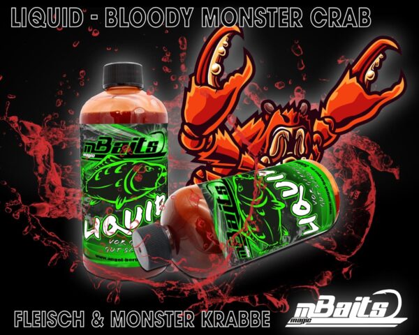 Angel-Berger Magic Baits Liquid Aroma Dip in der Geschmacksrichtung Bloody Monster Crab, in zwei transparenten Flaschen mit roter Flüssigkeit. Im Hintergrund eine stilisierte griechische Monsterkrabbe auf schwarzem Hintergrund.