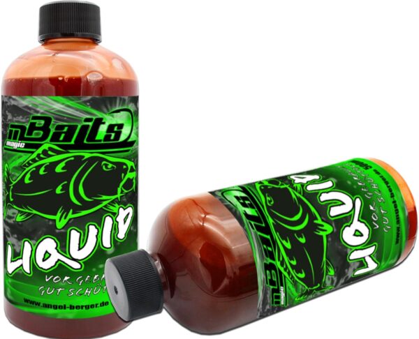 Flasche mit Angel-Berger Magic Baits Liquid Aroma Dip in dunkler Braunfarbe, ideal für die Anziehung von Fischen beim Angeln, präsentiert in einem modernen Design mit auffälligem Etikett.