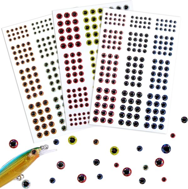 Sammlung von selbstklebenden 3D Fischaugen in verschiedenen Größen und Farben auf drei Bögen, ideal für die Personalisierung von Angelködern und Bastelprojekten.