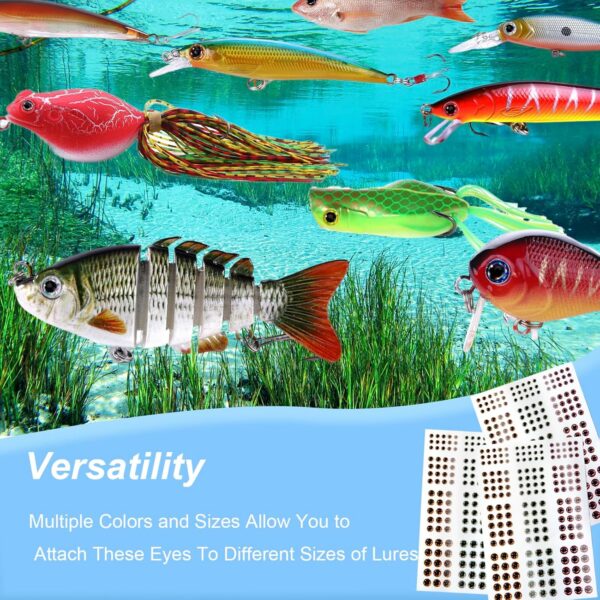 Kunstvolle Angelköder mit verschiedenen selbstklebenden 3D Fischaugen in unterschiedlichen Farben und Formen, angeordnet in einer lebendigen Unterwasserlandschaft.