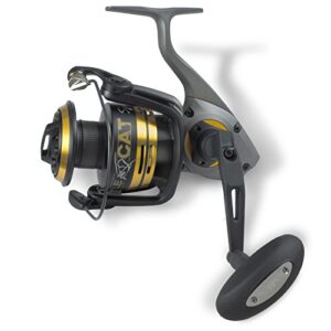 Black Cat Battle Cat Spin FD 760 Angelrolle in schwarz-goldem Design, ideal für das Welsangeln mit hoher Kapazität und langlebiger Bauweise.