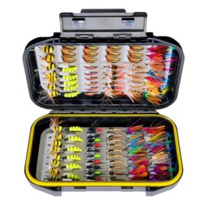 Qitewwrme Fliegenfischen Fliegen Kit mit 100 handgebundenen Fliegen in einer wasserdichten Box, perfekt für Forellenangeln und verschiedene Wasserbedingungen.