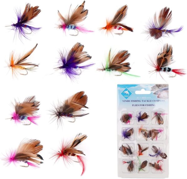 Set von 12 handgefertigten Schmetterlings-Fliegenködern in verschiedenen Farben, ideal für Barsch, Panfish, Forelle und Lachs, präsentiert in einer transparenten Verpackung.
