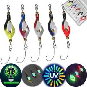 Njord Kalastus Double Spoon Set für Forellenangeln, fünf UV-aktive und selbstleuchtende Köder in verschiedenen Farben und Formen, ideal für erfolgreiches Angeln.