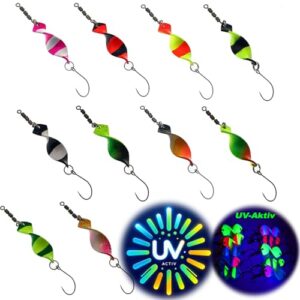 Njord Kalastus Mega Twist Spoons Set mit 10 verschiedenen Forellenködern in einer Spoonbox, UV-aktive Farben für optimales Angeln.