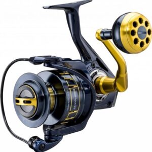 Okuma Salina 14000 Spinning Angelrolle mit elegantem Design in Schwarz und Gold, ideal für Spinnfischen und Meeresangeln.