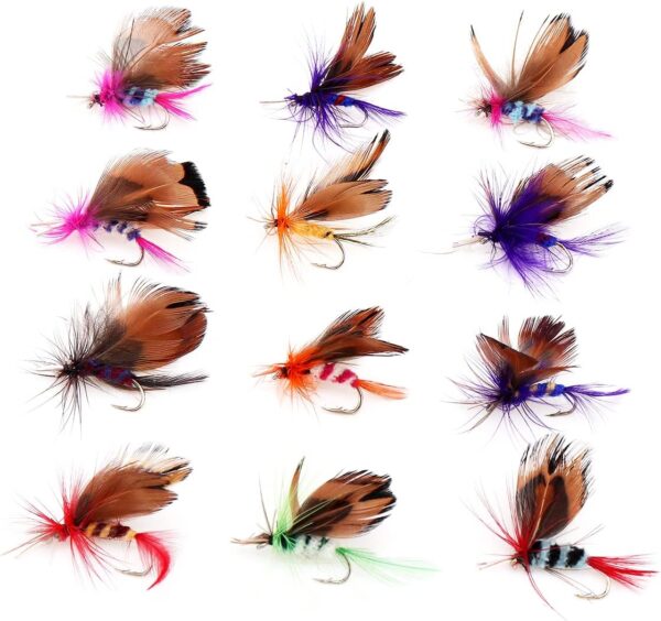 12 handgefertigte Schmetterlings-Fliegenköder in lebendigen Farben für das Fliegenfischen, ideal zum Anlocken von Barsch, Panfish, Forelle und Lachs.