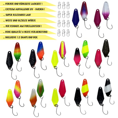 Psarás Dragon Forellen Spoon Set Box mit 12 Angelködern für UL-Angeln, ideal für Forellenfischen, präsentiert in verschiedenen Farben und Designs