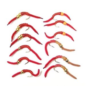 San Juan Wurm Power Bead Fliegenfischen Sortiment mit 12 nassen Nymphen in Hakengröße 14 in verschiedenen Rot- und Orangetönen, ideal zum Forellenangeln.
