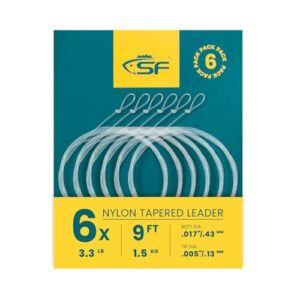 Verpackung von SF Vorgebundene Schlaufe Tapered Vorfach Nylon 6 Stück 9FT 6X für Fliegenfischen, zeigt alle relevanten Spezifikationen und Schlaufen für einfache Montage.