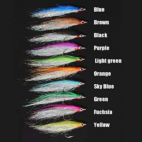 Tigofly Angelköder-Set mit 10 verschiedenen Farben, ideal für Fliegenfischen auf Lachs, Forelle und Barsch. Hochwertige Fischfliegen mit holografischem Effekt für optimale Fischanziehung.