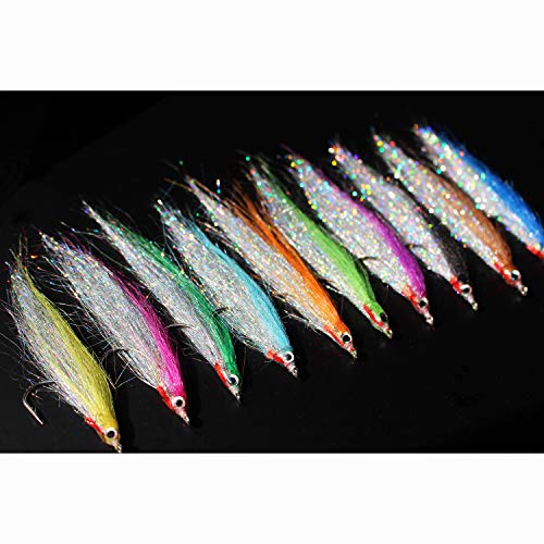 Tigofly Angelköder-Set mit 10 verschiedenen Farben für Fliegenfischen, ideal für Lachs, Forelle, Meer und Barsch, 4 cm lange kohlenstoffreiche Holo-Köder mit Stahlkopf.