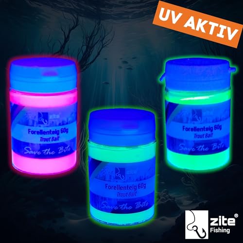 Zite Fishing Forellenteig mit Knoblauch-Aroma, 60g Packung in verschiedenen leuchtenden UV-Neonfarben, ideal als schwimmender Forellenköder für Angler.