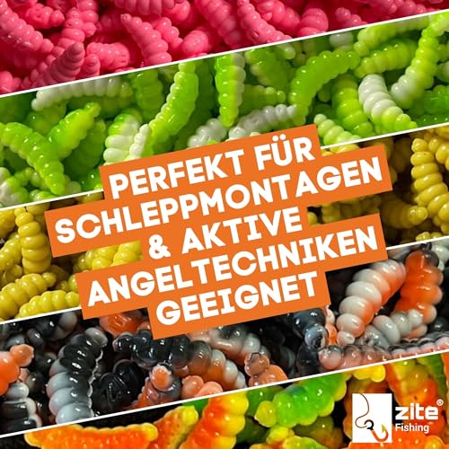 Zite Fishing Mighty Mag Neon Mix, schockfarbene Forellen-Köder in 2,8 cm mit Bienenmaden-Imitat und UV-Aktivität, ideal für das Angeln in trüben Gewässern.