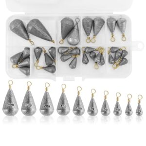 30 Stück Tropfenform Angelgewichte Kit mit verschiedenen Gewichten in einer praktischen Plastikkiste für optimales Angeln. Die Gewichte sind aus geruchsneutralem Blei mit Kupferring gefertigt und in zehn Größen erhältlich, ideal für Süß- und Salzwasser.