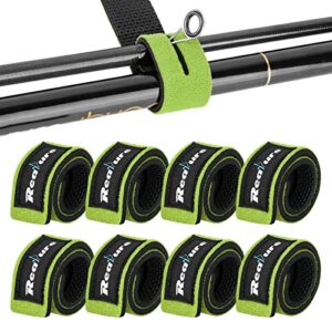 Set von 8 elastischen, verstellbaren Klettverschluss Riemen zur sicheren Bindung von Angelruten in leuchtendem Grün und Schwarz, perfekt für die Aufbewahrung und den Transport von Angelausrüstung.