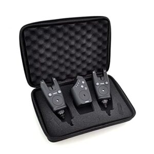 Hirisi Tackle Funk-Bissanzeiger Set 1+2 in geöffneter Tragetasche, inklusive zwei kabellosen Sendern und einem Empfänger, ideal für passionierte Angler.