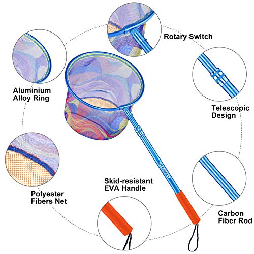 Teleskop-Angelkescher für Kinder aus strapazierfähigem Nylon-Mesh mit rutschfestem Griff und fischfreundlichem Design, ideal für kleine Angler und Naturfreunde.