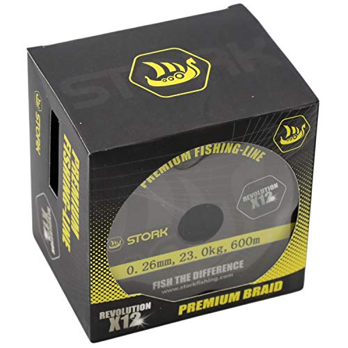 Stork Revolution 12-fach geflochtene Premium Angelschnur in schwarzer Verpackung mit gelben und weißen Akzenten, sichtbar aufgerollt, für Angler mit hoher Tragkraft von 17.6 kg und einem Durchmesser von 0.22 mm.
