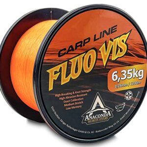 Saenger Anaconda Fluovis Orange Carp Line in leuchtendem Orange, perfekte Angelschnur für Karpfenangeln mit 1200m Länge und 0,30mm Durchmesser für beste Sichtbarkeit und Widerstandsfähigkeit.