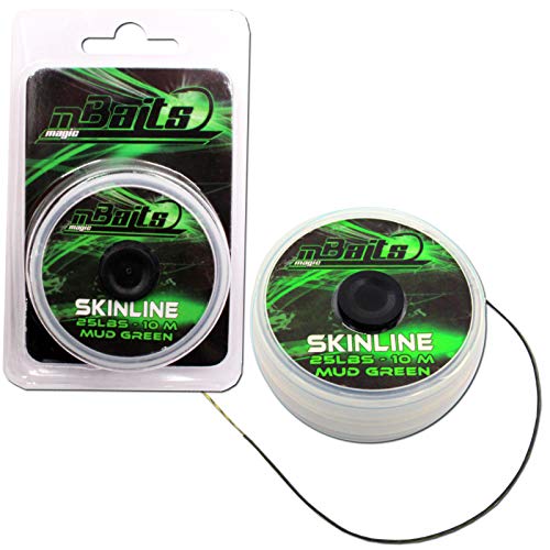 Angel Berger Magic Baits Skinline Karpfenvorfach in Mud Green, 10 Meter lange Schnur mit 25 lbs Tragkraft, präsentiert in attraktiver Verpackung für Karpfenangeln.