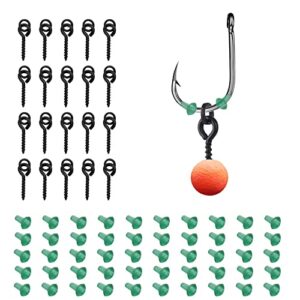OTTYMO Köderschrauben-Set mit verschiedenen Angelzubehörteilen, darunter Angelhaken, Gummiköder und Hakenstopper auf weißem Hintergrund, ideal für Karpfenangeln.