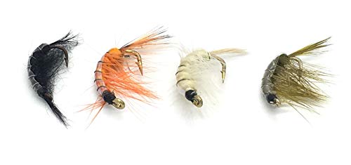 Vielfalt von Kunstfliegen aus dem Flashback Garnelen Sixteen Fly Pack, ideal zum Angeln auf Forellen und andere Süßwasserfische, präsentiert in verschiedenen Farben und Designs.