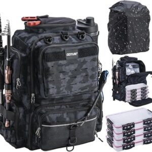 Multifunktionaler Angelrucksack mit 4 Angelboxen und mehreren Fächern, ideal für Angeln und Outdoor-Aktivitäten, hergestellt aus robustem, wasserdichtem Material.