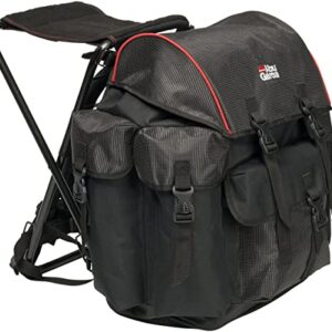 Robuster, wasserabweisender Angelrucksack mit integriertem Stuhl und mehreren Taschen für optimale Organisation der Angelausrüstung.