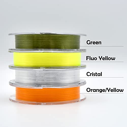 Detailansicht von vier Spulen Angelschnur in verschiedenen Farben, darunter grüne, fluoreszierend gelbe, transparente und orange-gelbe Schnur, ideal für Forellenangeln.