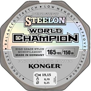 KONGER World Champion Fluorocarbon Coated Angelschnur 0,25mm/150m auf einer Spule, ideal für anspruchsvolle Angler mit hochwertiger Verarbeitung und hoher Tragkraft.