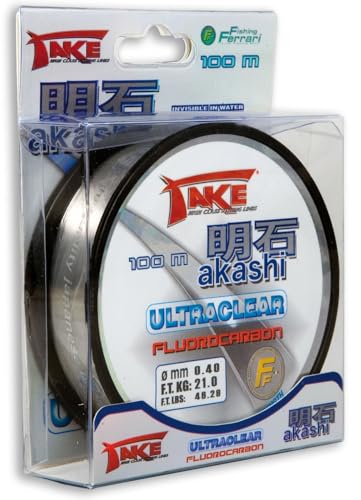 Verpackung der ultraklaren Angelschnur Take Akashi Fluorocarbon mit 100 Metern Länge und 0,400 mm Durchmesser für die Verwendung beim Spinning, Surfcasting und Forellenangeln.