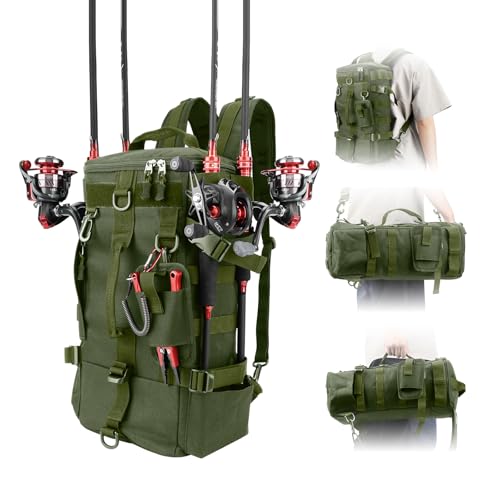 Multifunktionale Angeltasche für die sichere Aufbewahrung von Angelausrüstung, mit seitlichen Rutenhaltern und zusätzlichen Taschen für Zubehör.