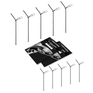 Set von 10 Anti Tangle Booms aus Metall für das Angeln, präsentiert in einer modernen Anordnung mit verstellbaren Halterungen.
