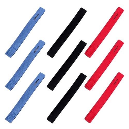 Set von 9 elastischen Angelruten Gurten in drei Farben (blau, schwarz, rot), ideal zum Transport und zur sicheren Aufbewahrung von Angelruten.