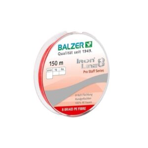 Balzer Iron Line Pro Staff 8 geflochtene Angelschnur auf runder Spule, 150m Länge, 0.14mm Durchmesser, 10.7kg Tragkraft, in leuchtend roter Farbe.