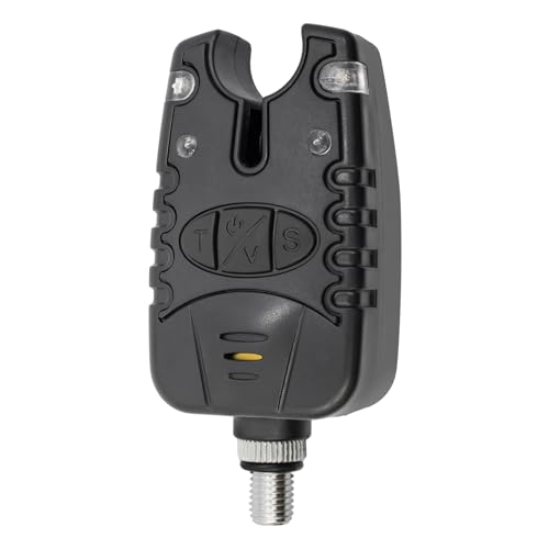 Schwarzer Bissanzeiger mit ergonomischer Form und mehreren Tasten, ideal für Angler, die eine präzise und zuverlässige Bissanzeige benötigen. Wetterfest und robust, um den Bedingungen beim Angeln standzuhalten.