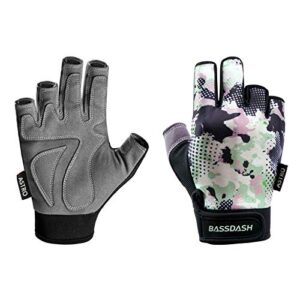 Fingerlose Trainingshandschuhe von Bassdash in grau und camouflage, ideal für Angeln, Klettern und Motorradfahren, mit rutschfester Handfläche und optimaler Atmungsaktivität.