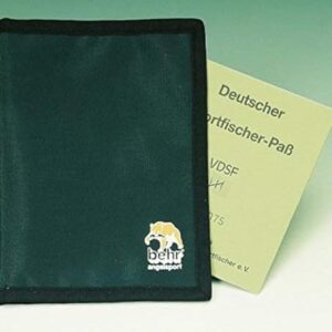 Behr Angelpapiere in Schwarz, hergestellt aus robustem Neopren, ideal zur Aufbewahrung von Angelunterlagen, ausgestattet mit Stifthalter und Reißverschluss.