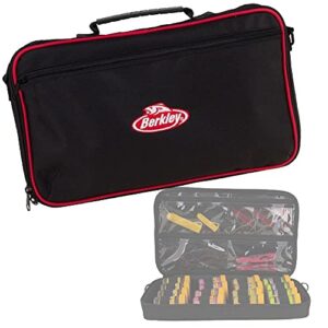 Schwarze Teigtasche mit rotem Reißverschluss für Forellenangeln, ausgestattet mit Fächern zur organisierten Aufbewahrung von Angelzubehör.