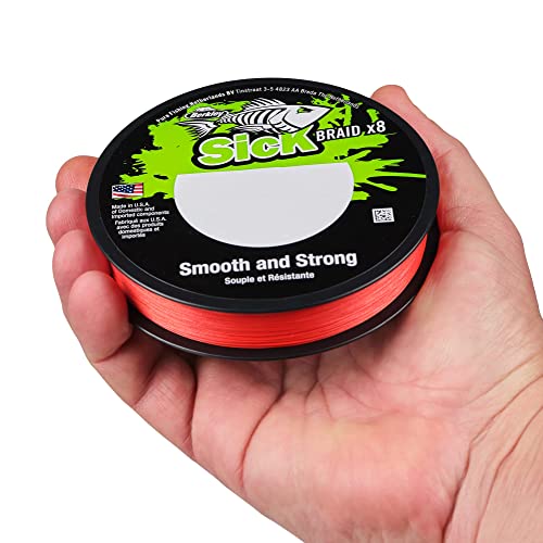 Berkley Sick Braid – 8-fach geflochtene Angelschnur für Raubfischangeln in leuchtenden Farben, präsentiert in runder Spule mit buntem Design und roter Schnur.
