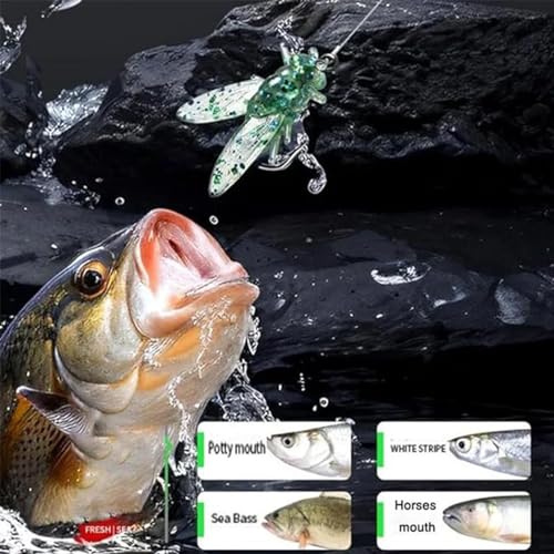 20 Stück bionische Fliegen Angelköder Set auf einem Wasser-Hintergrund mit springendem Fisch, der nach dem Kunstköder greift.