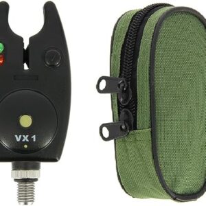 Elektronischer Bissanzeiger mit LED-Anzeige und Bissanzeigertasche für Angler, in ergonomischem Design mit einstellbarer Lautstärke und Tonhöhe.