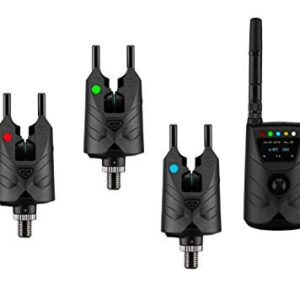 New Direction Tackle Bissanzeiger S9pro 3+1 Set mit drei Bissanzeigern und einem Receiver für die App-Steuerung, ideal für Angler.