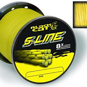 Black Cat S-Line geflochtene Angelschnur in gelb, Durchmesser 0,45 mm, 400m Länge, 50kg Tragkraft für Angler.