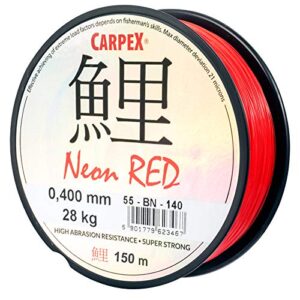Vibrant Packaging of Carpex Neon Red 150m Fishing Line with 0.36 mm Diameter and 24 kg Strength, showcasing visibility and reliability for anglers.